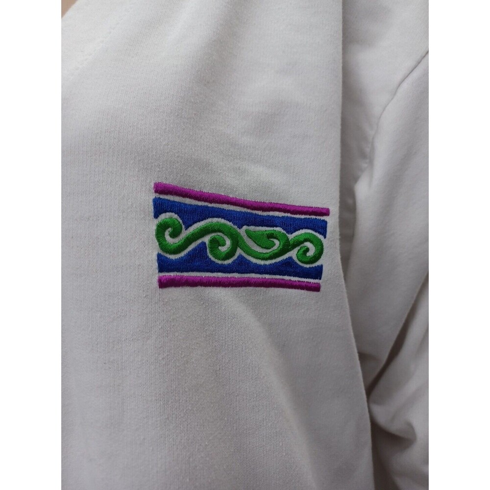 Vtg Jantzen Cardigan Sweater White Blue Purple V Neck Art Wear Sz L - Picture 2 of 10